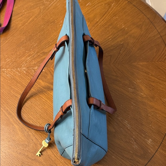 FOSSIL Rachel Large Leather Tote With Zipper Light Blue Brown Handles Brass Trim - Picture 8 of 16